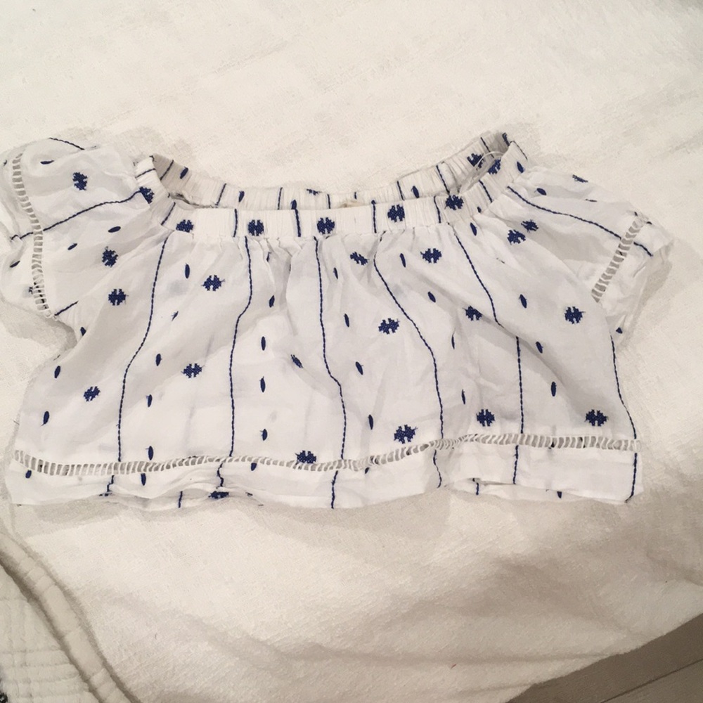 White and blue off the shoulder crop top